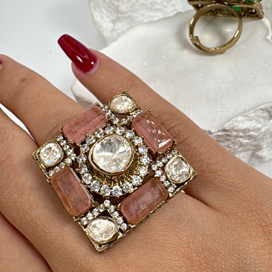 Peach Doublet Moissanite Statement Adjustable Square Finger Ring