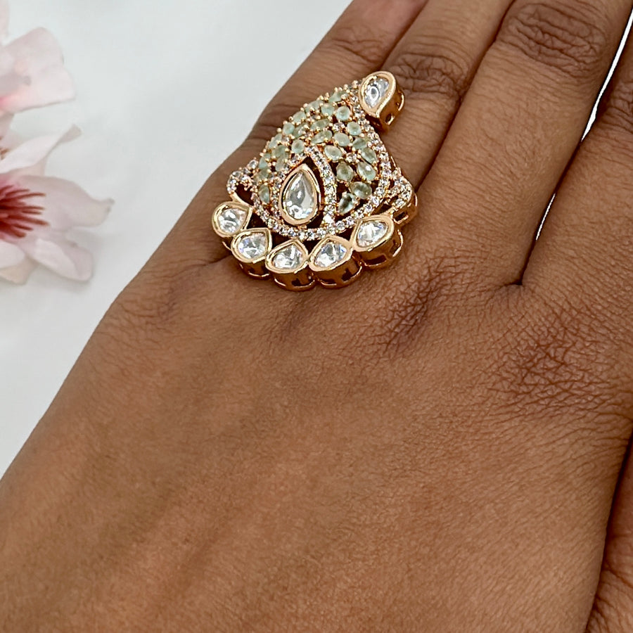 Mint Invisible Setting & Polki Kundan Adjustable Finger Ring