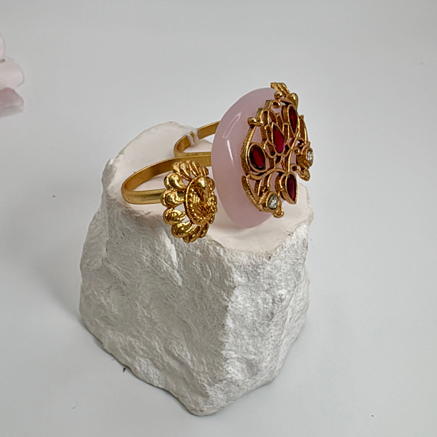 Pink Glass Stone With Inlay Work Two Finger Adjustable Finger Ring