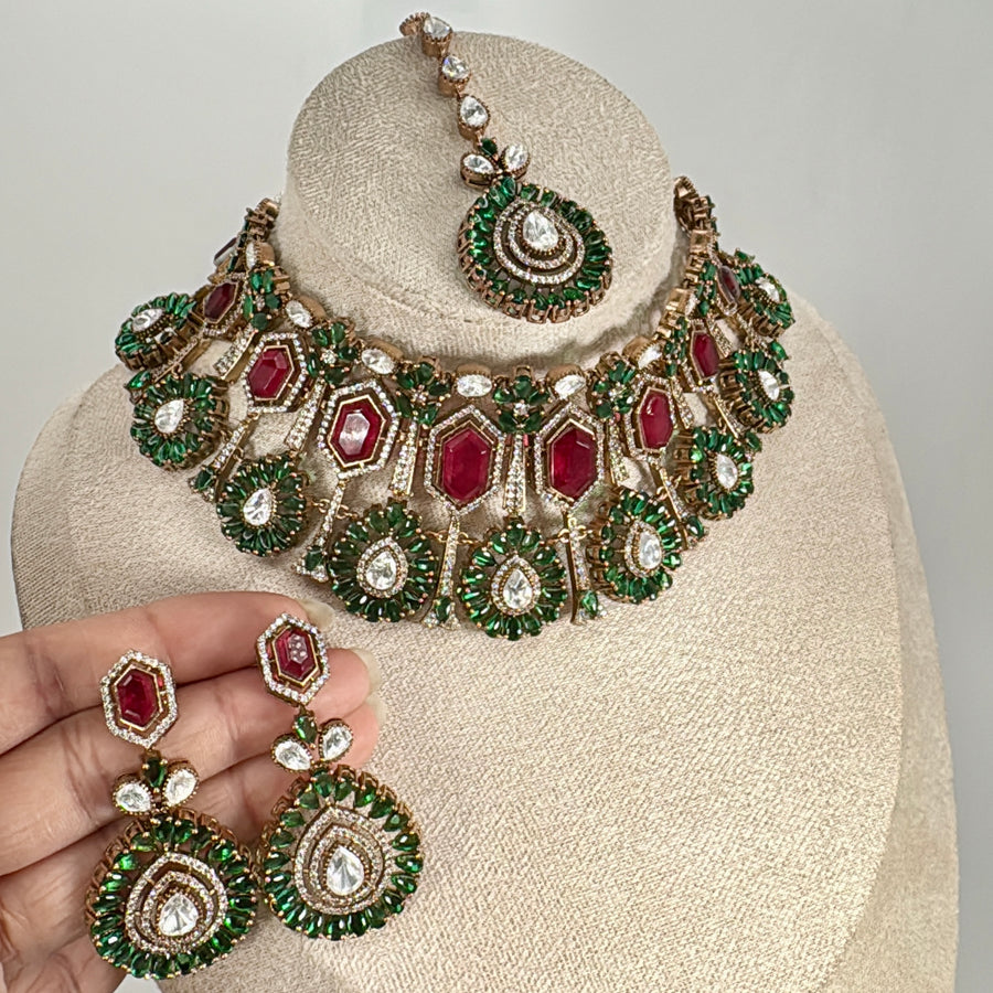 Ruby Green Doublet Moissanite Bridal Necklace Set