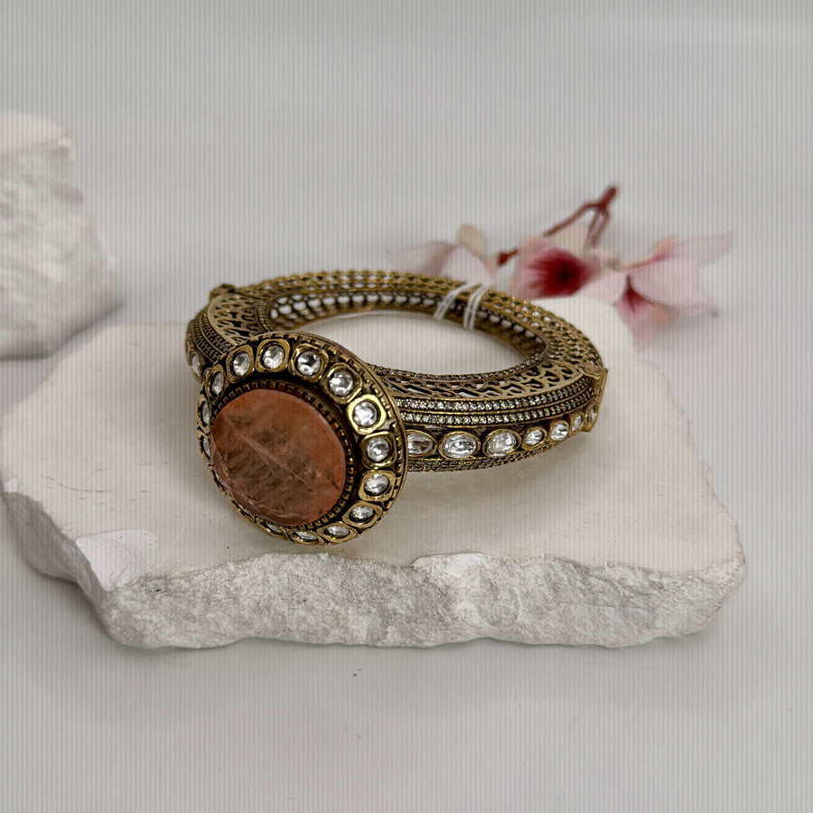 Peach Doublet Kundan Moissanite Statement Openable Bangle( Fits Size 2.2-2.6)
