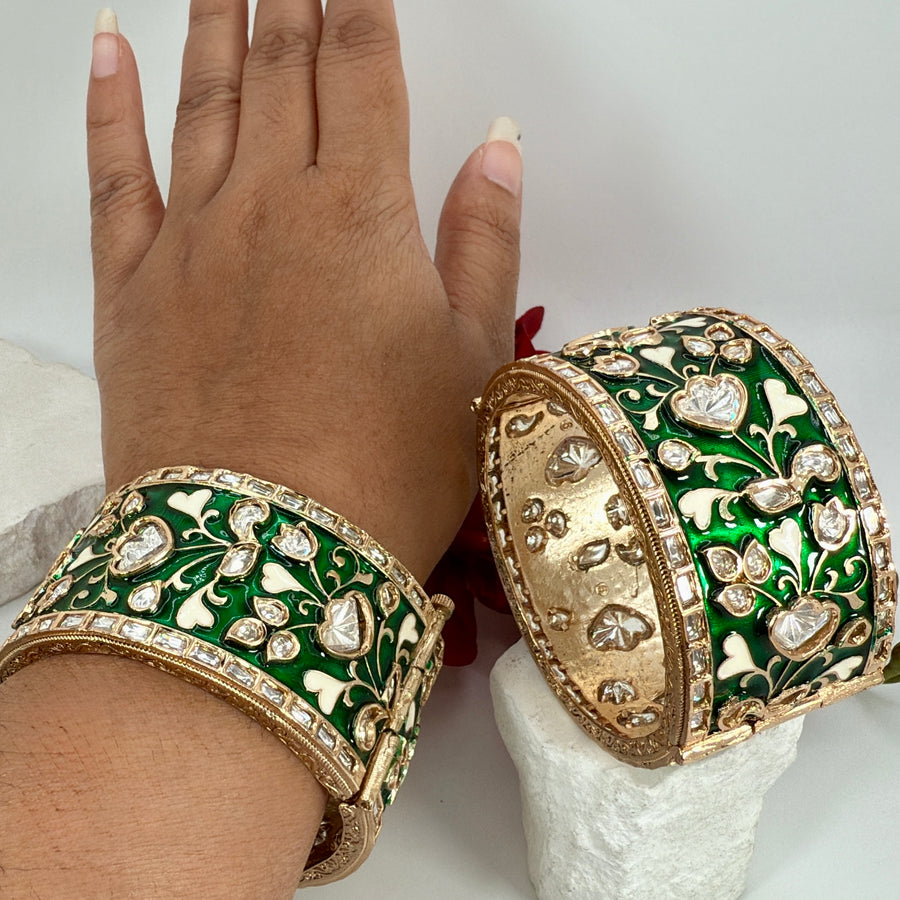 Green Meenakari Moissanite Jadau Statement Openable Bangle Pair(Size 2.6)