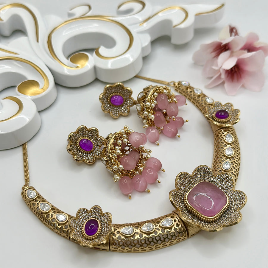 Pink American Diamonds & Kundan Hasli Set