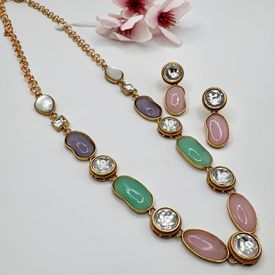 Multi Stone & Kundan Dainty Necklace Set