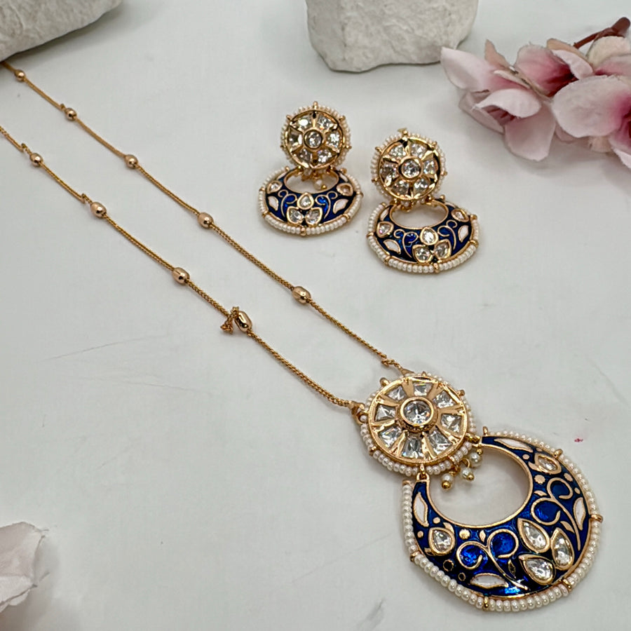 Blue Meenakari Moissanite Kundan Pendant Necklace Set