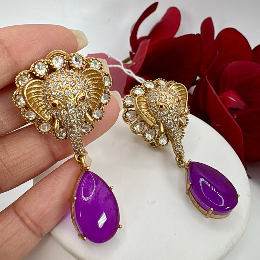Purple Doublet Moissanite Ganesha Earrings