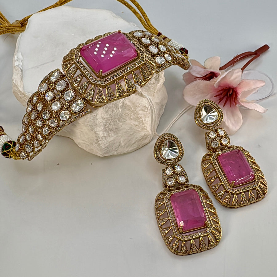 Hot Pink Doublet & Moissanite Choker Necklace Set