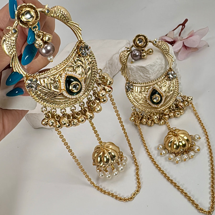 Green Silver Lookalike Lightweight Gold Long Chand Bali Earrings