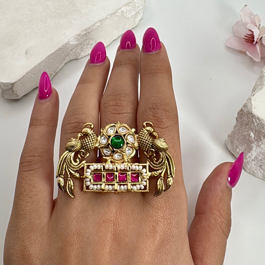 Multi Jadau Silver Lookalike Gold Adjustable Finger Ring