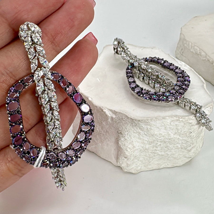 Lavender Purple Invisible Setting American Diamonds Cubic Zirconia Earrings (Length Approx.3 inches