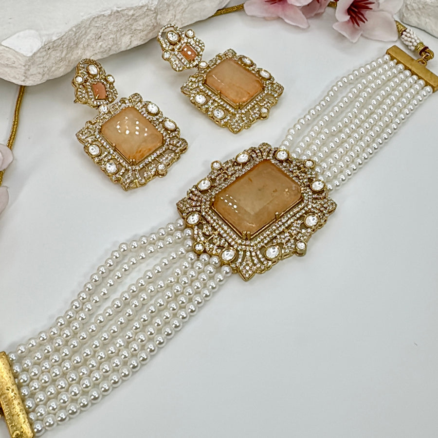 Peach Yellow Moissanite Pearl Choker Necklace Set