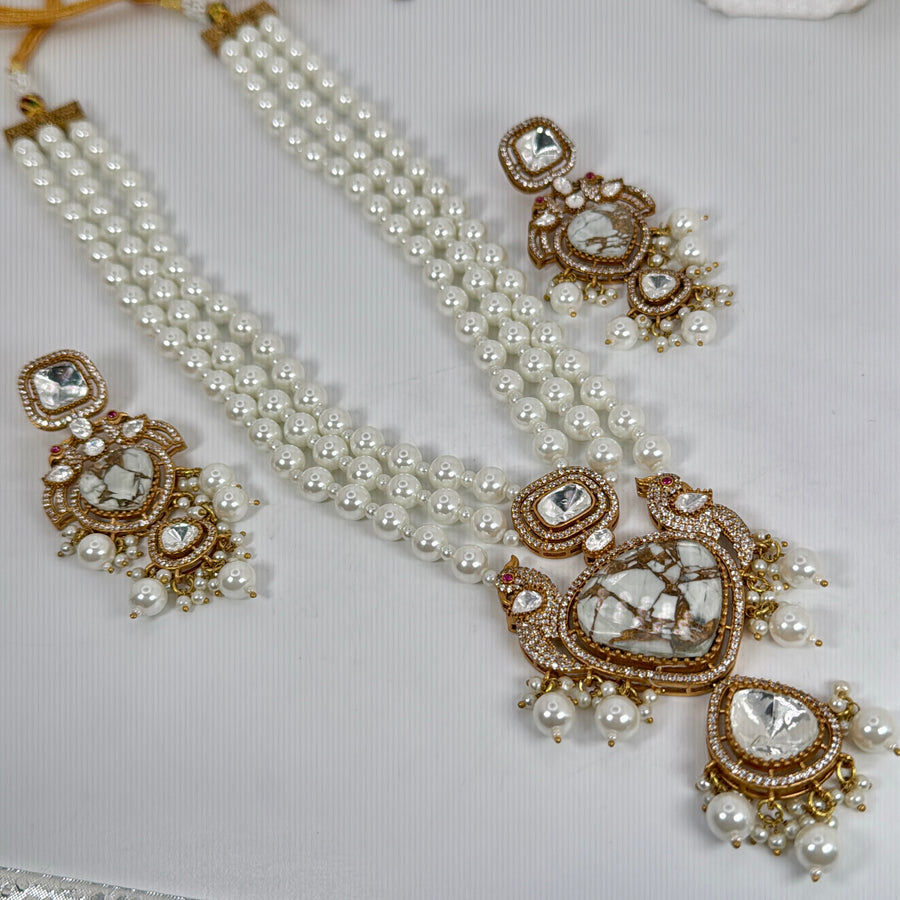 Clear Pearl White Marble Doublet Long Necklace Set