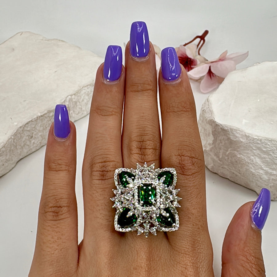 Green American Diamonds Cubic Zirconia Adjustable Cocktail Finger Ring