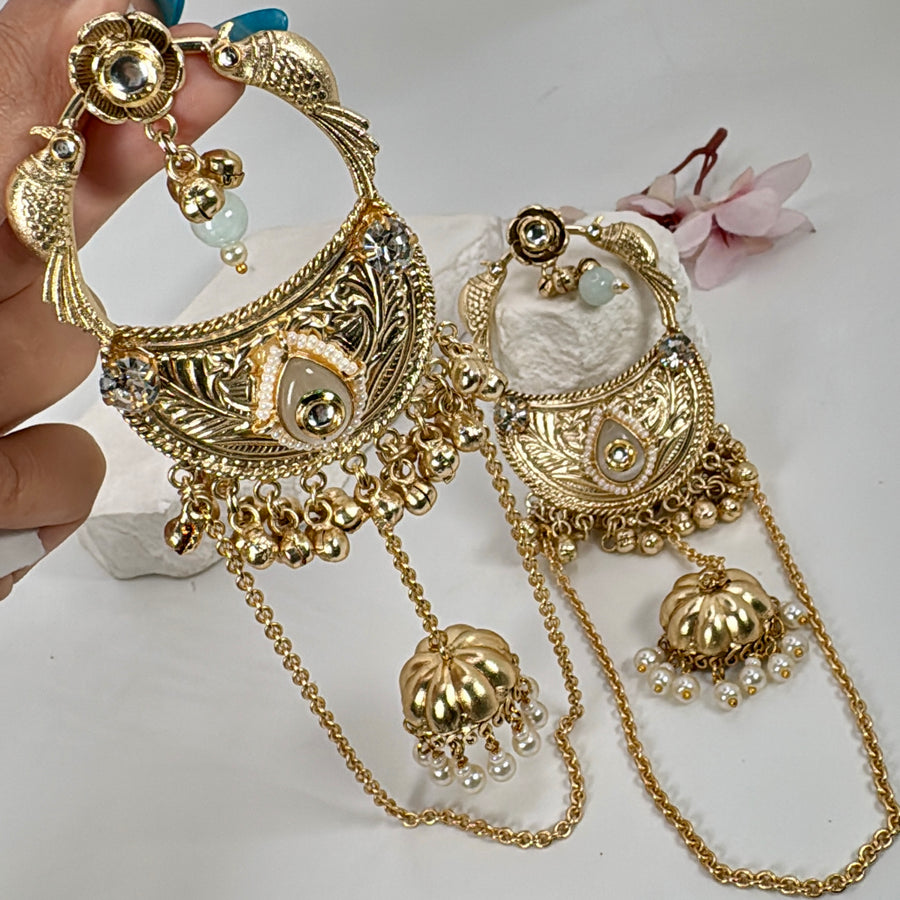 White Silver Lookalike Lightweight Gold Long Chand Bali Earrings