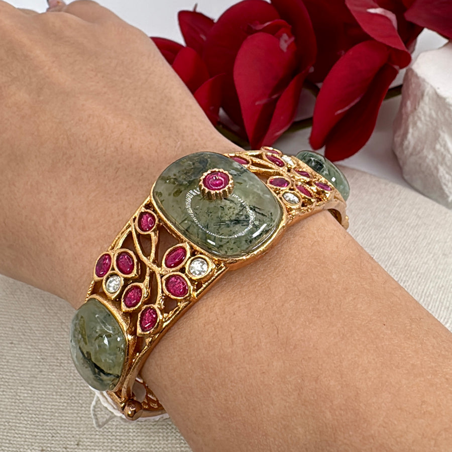 Green Marble Stone & Ruby Paachi Openable Bangle(Fits Size 2.2-2.6)