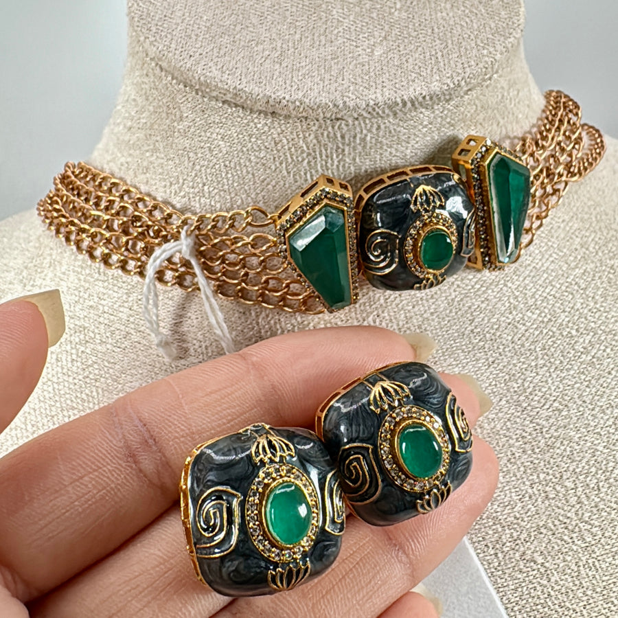 Dark Grey & Green Enamel Choker Necklace Set
