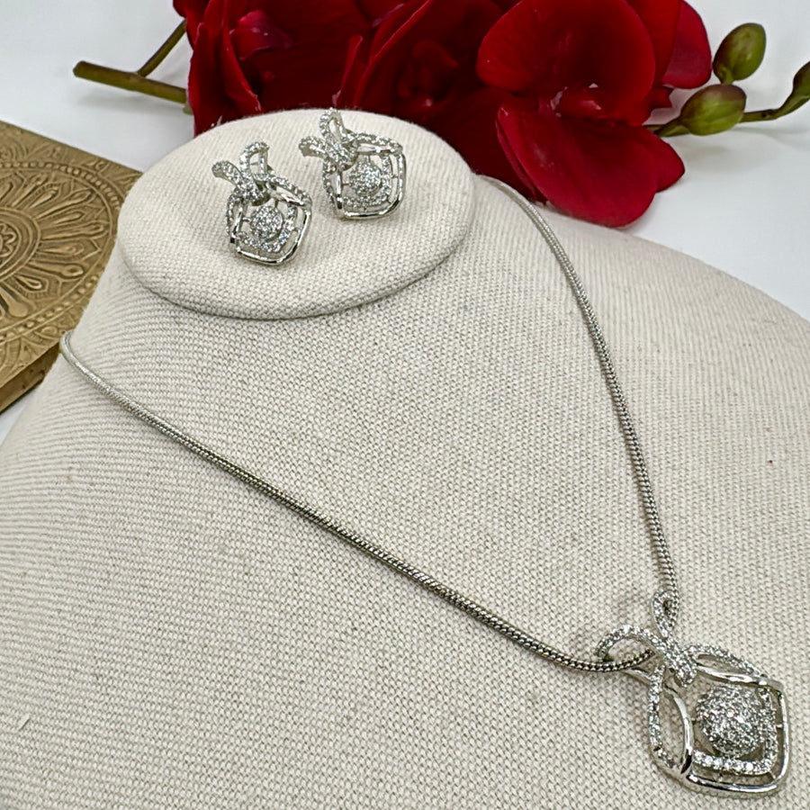 Clear Dual Tone AAA Cut Cubic Zirconia RhodiumPlated Pendant Necklace Set