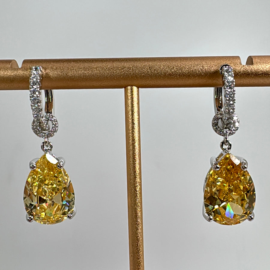 Yellow Italian Cubic Zirconia Dainty Drop Hoop Earrings