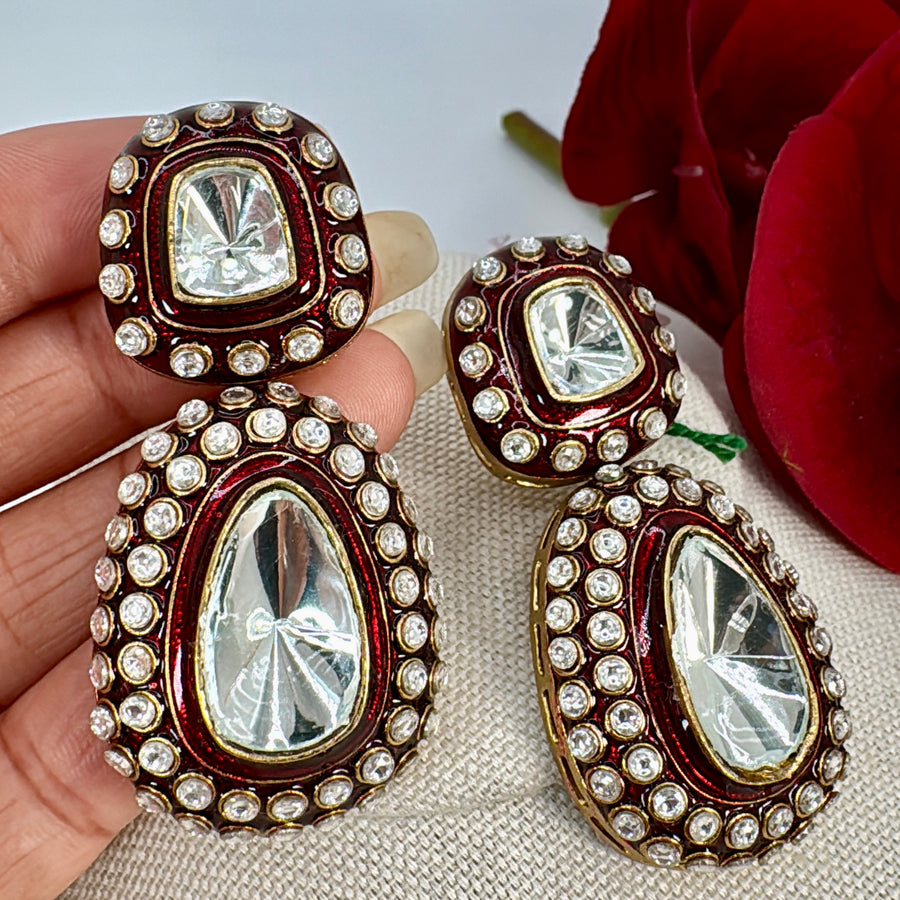 Red Meenakari Jadau Uncut Kundan Earrings
