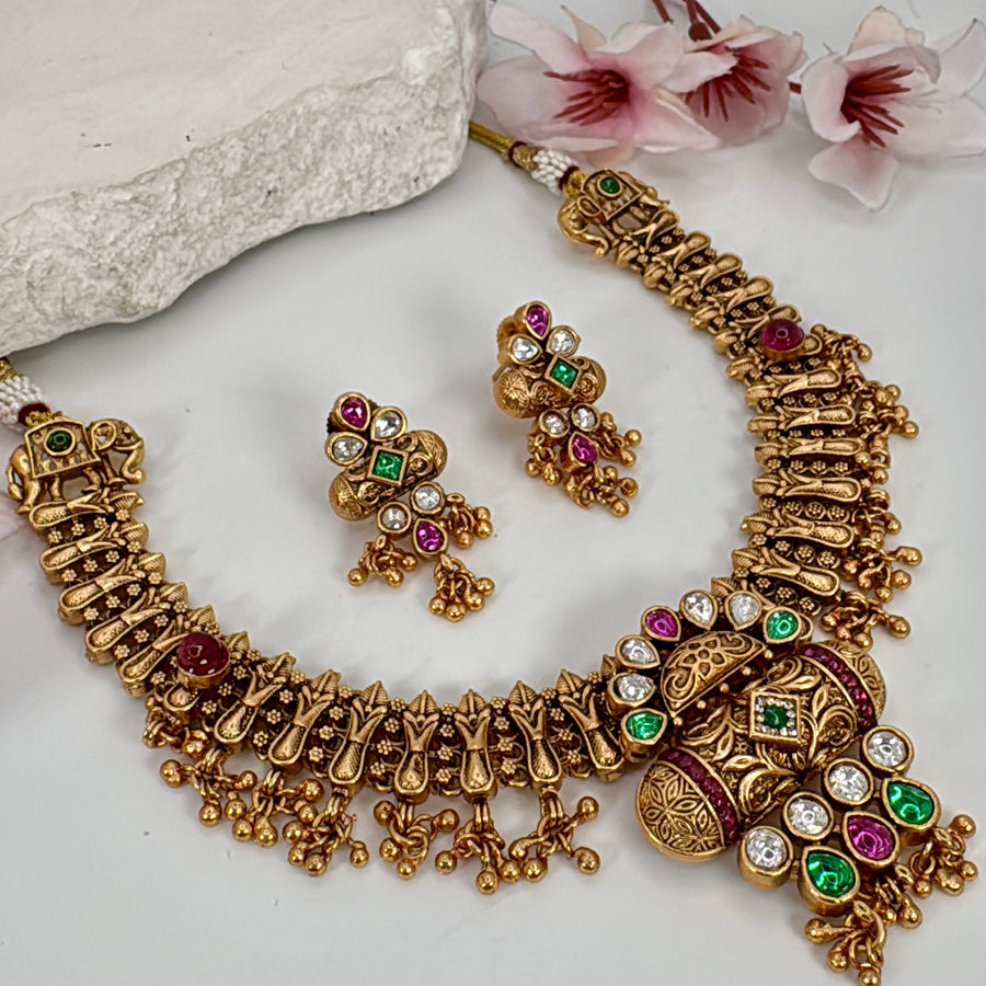 Multi Antique Gold Kemp Jadau Necklace Set