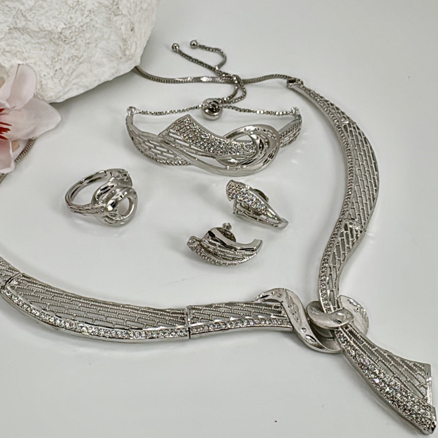 Clear American Diamonds Cubic Zirconia Combo Necklace Set With Adjustable Bracelet & Finger Ring