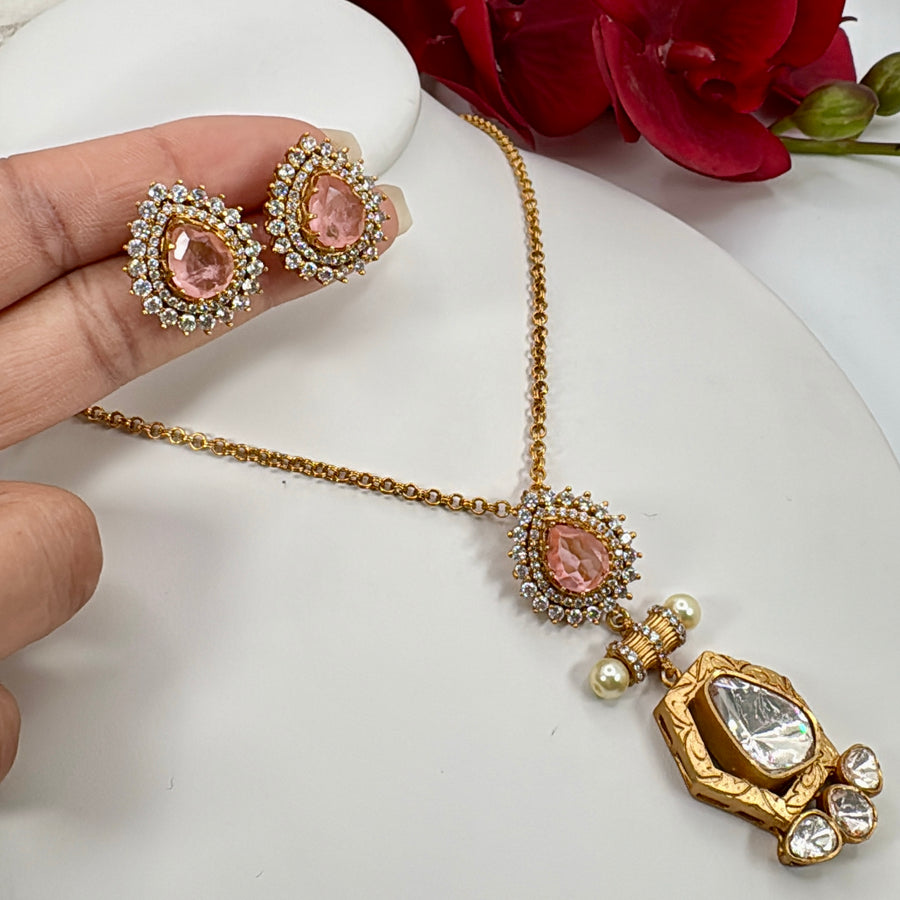 Pink Moissanite Pendant Necklace Set