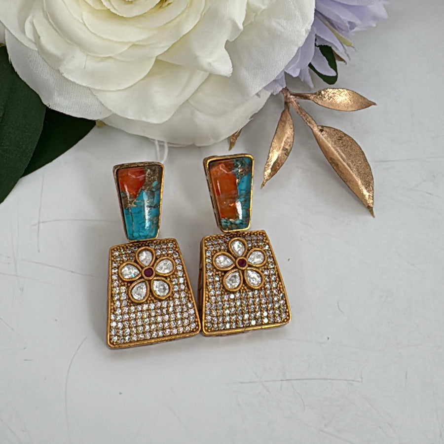 Orange Turquoise Marble Doublet Moissanite Earrings