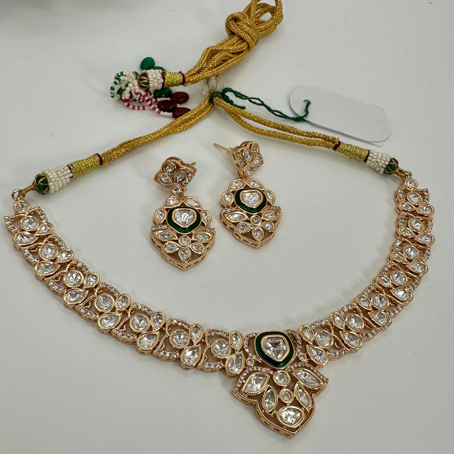 Green Polki Kundan Dainty Necklace Set