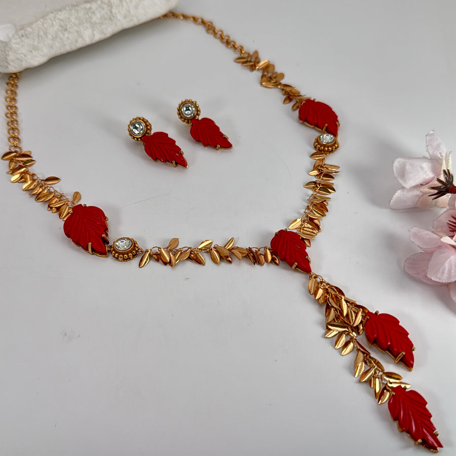 Coral Red Silver Lookalike Gold Dainty Necklace Set