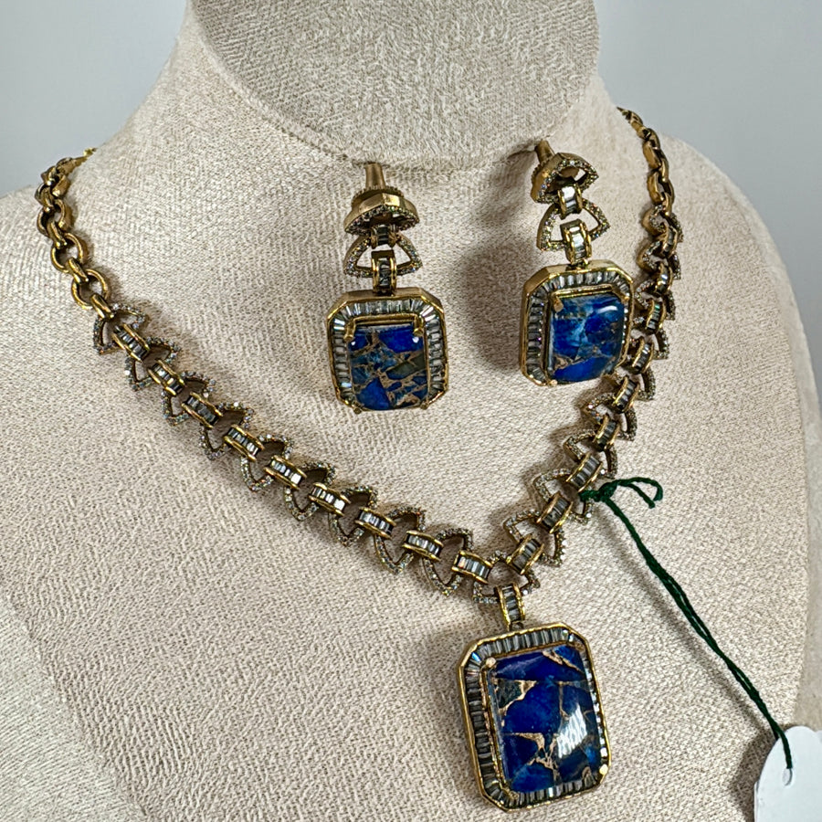 Blue Marble Stone Baguette Cubic Zirconia Necklace Set