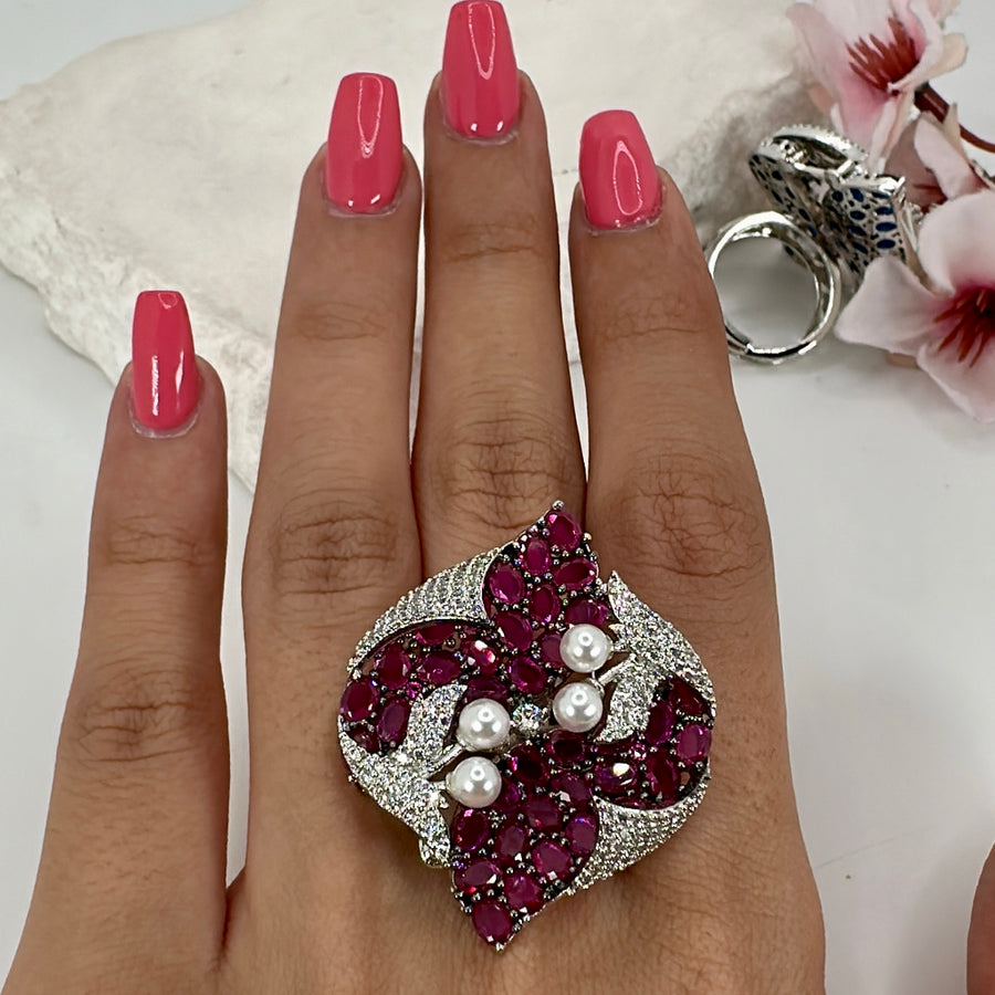 Ruby Invisible Setting American Diamonds Cubic Zirconia  & Pearls Adjustable Finger Ring