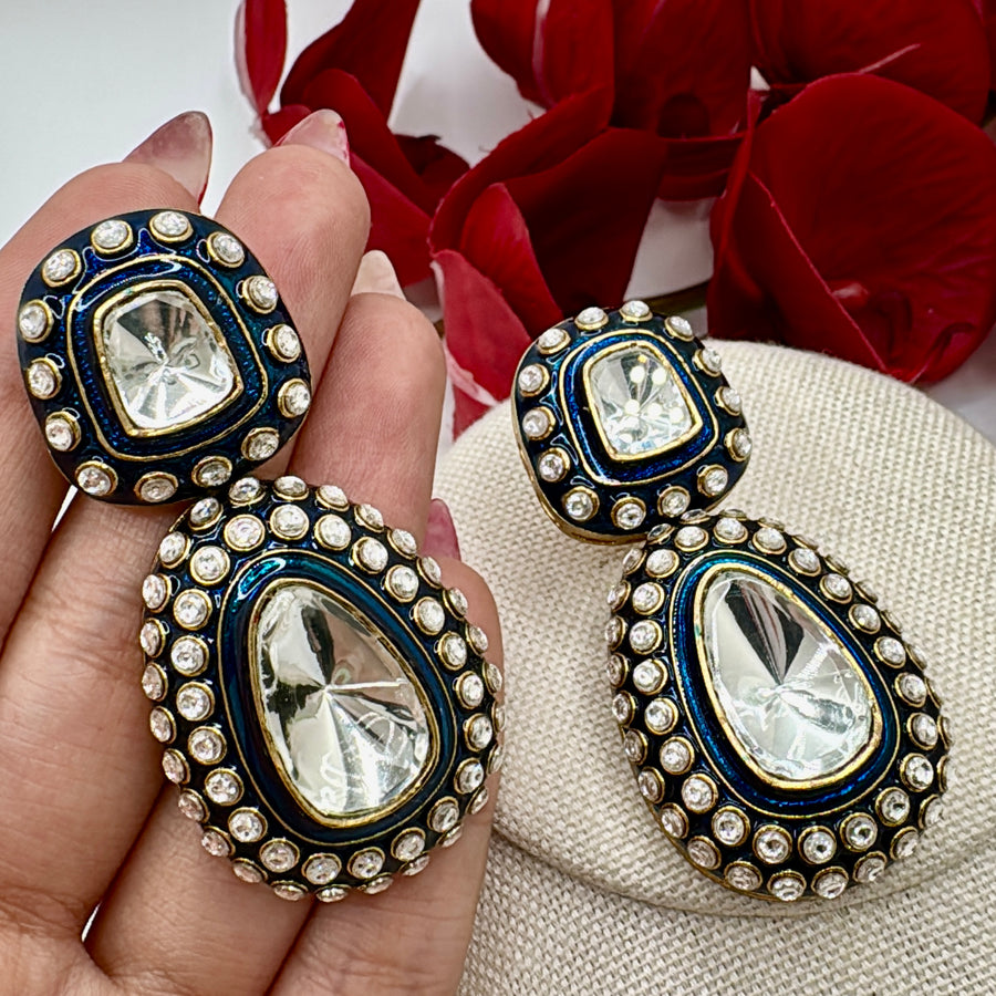 Blue Meenakari Jadau Uncut Kundan Earrings