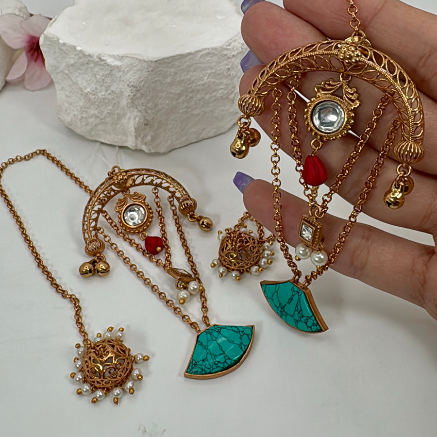 Turquoise Multi Apala Inspired Antique Gold Kashmiri Style Earrings
