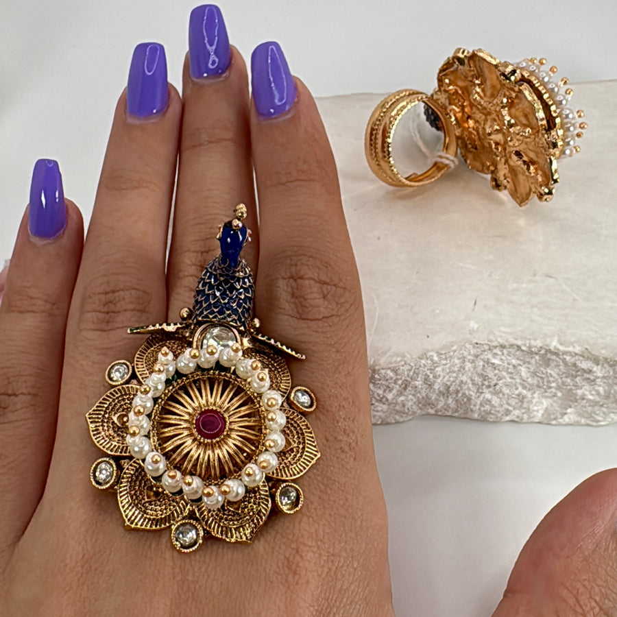 Ruby Blue Meenakari Kundan Peacock Adjustable Finger Ring