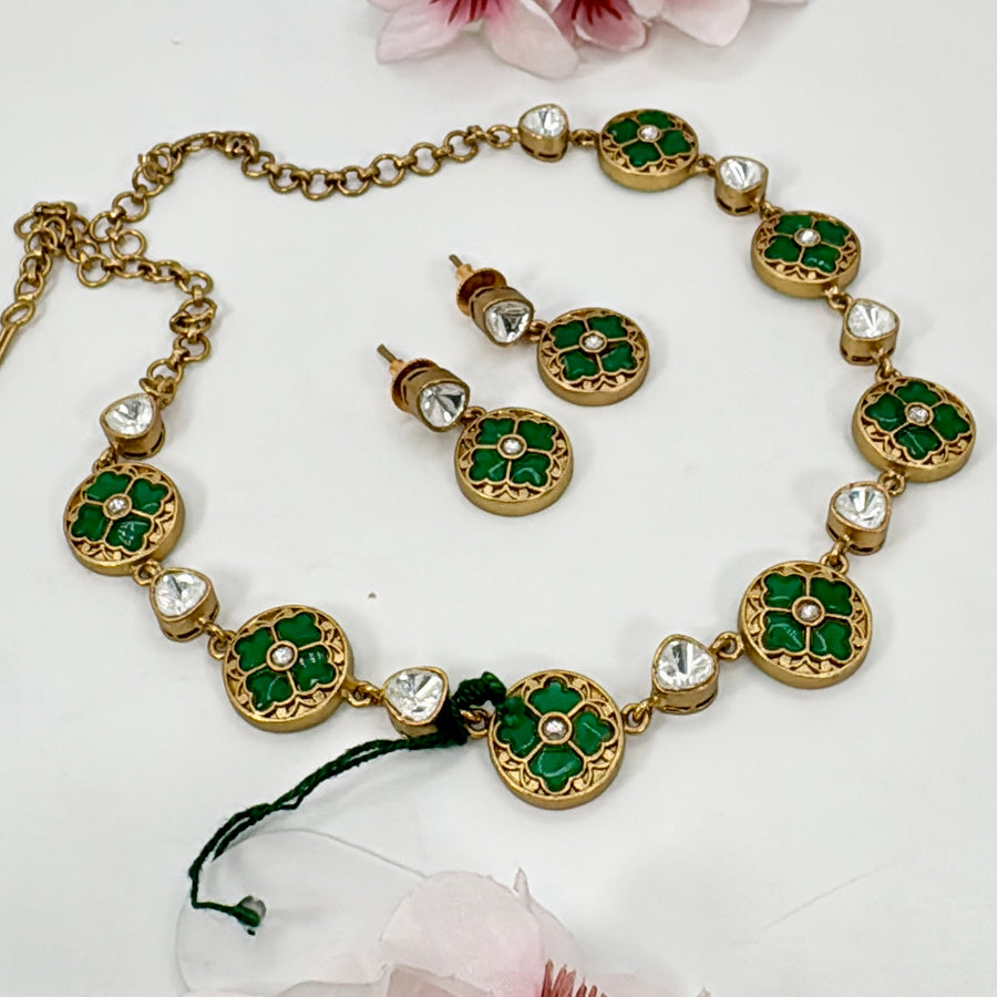 Green Jadau Apala Inspired Gold Dainty Necklace Set