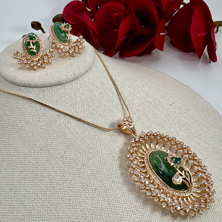 Green Marble Stone American Diamonds Pendant Necklace Set