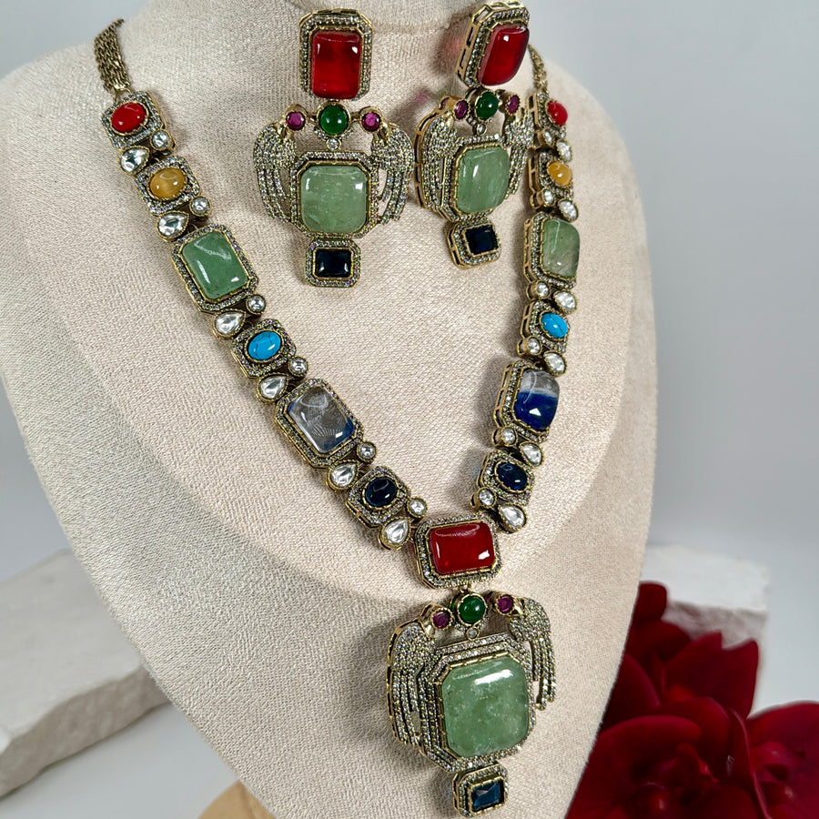 Mint Marble Doublet Cubic Zirconia Sabya Inspired Necklace Set