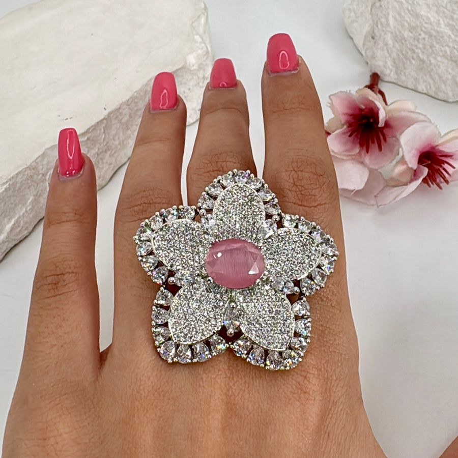 Pink American Diamonds Cubic Zirconia Statement Adjustable Finger Ring