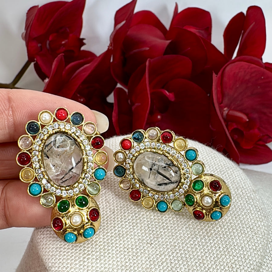 Grey Multi Marble Stone Stud Earrings