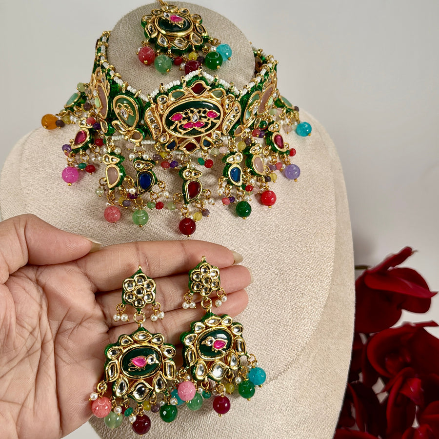 Green Multi Bikaneri Kundan Choker Necklace Set