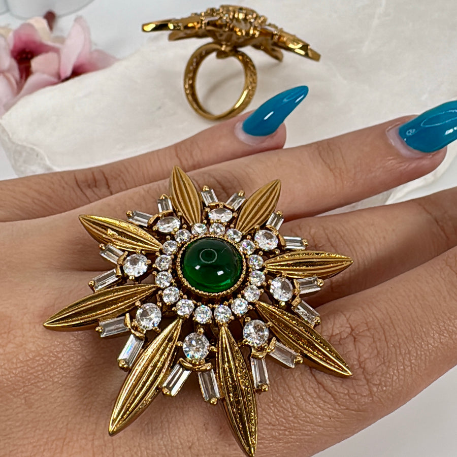 Green Antique Gold Statement Adjustable Finger Ring