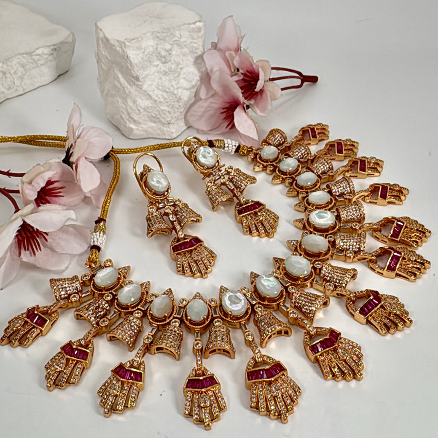 Ruby & MOP Antique Gold Necklace Set
