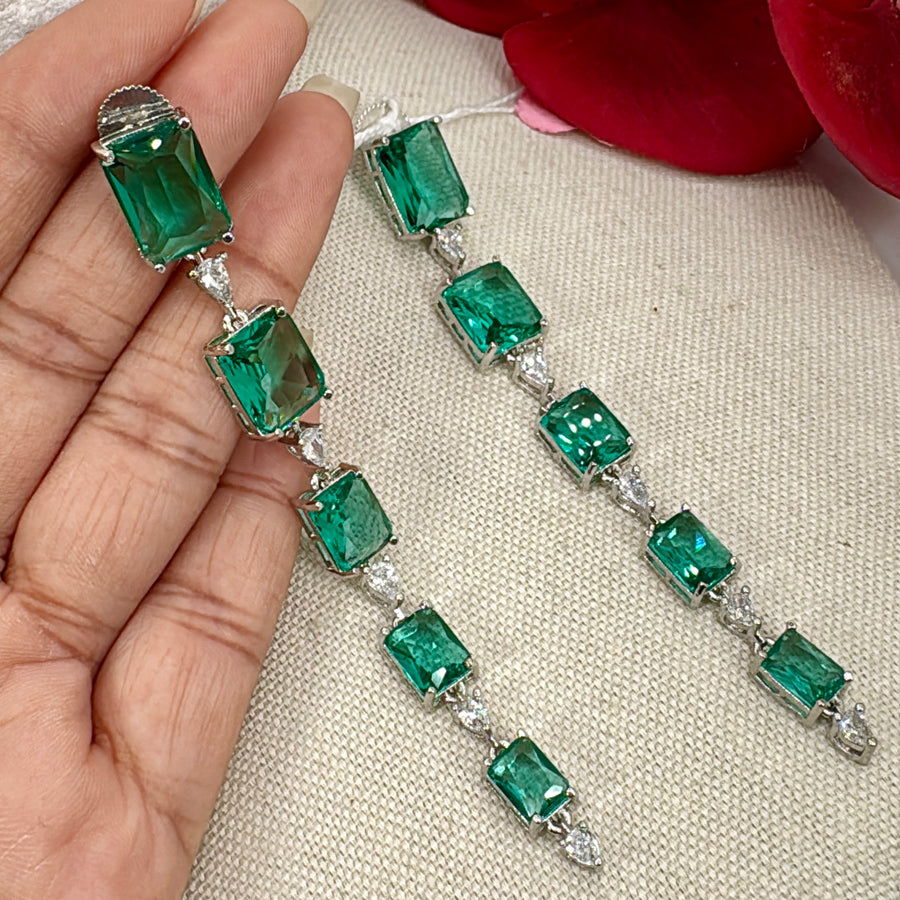 Teal Italian Cubic Zirconia Lightweight Long Earrings