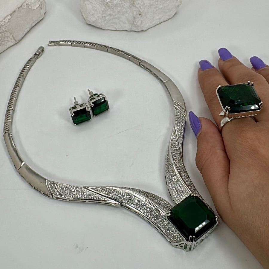 Green Cubic Zirconia American Diamonds Combo Necklace Set With Adjustable Finger Ring