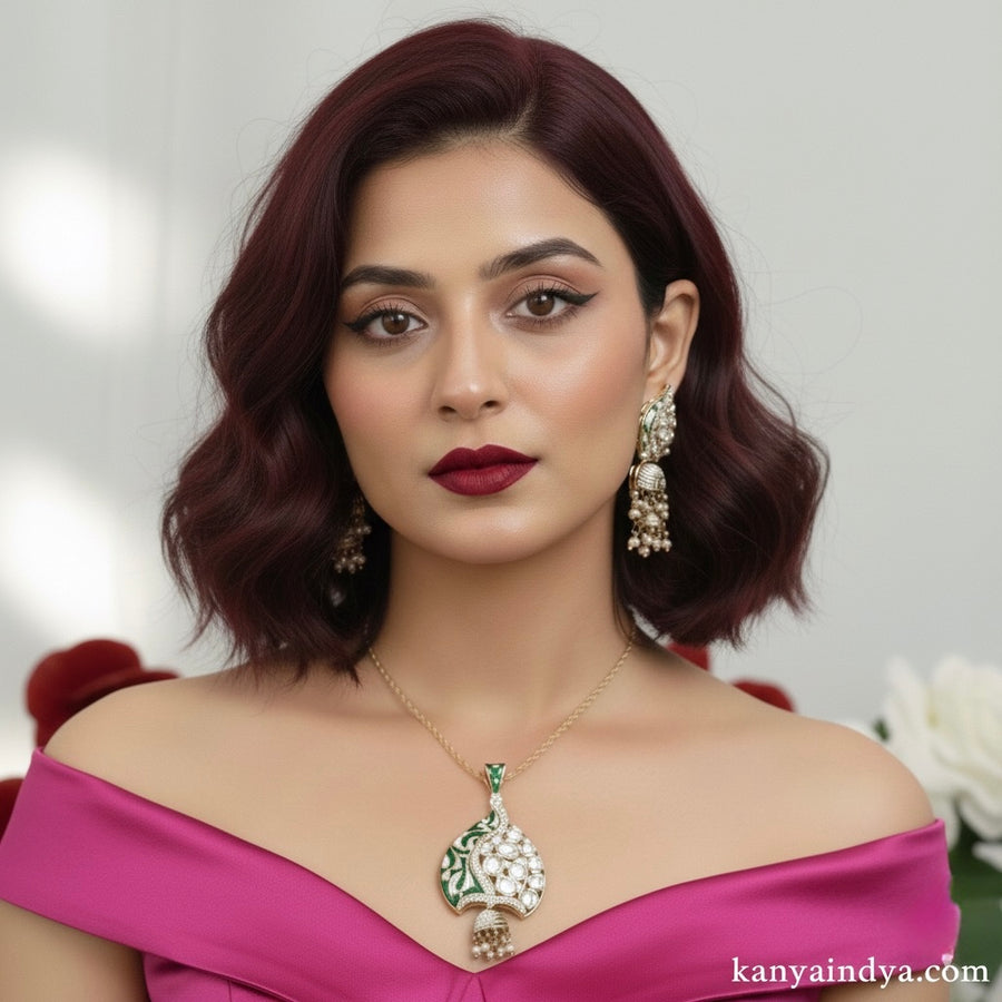 Green Meenakari Jadau Polki pendant Necklace Set