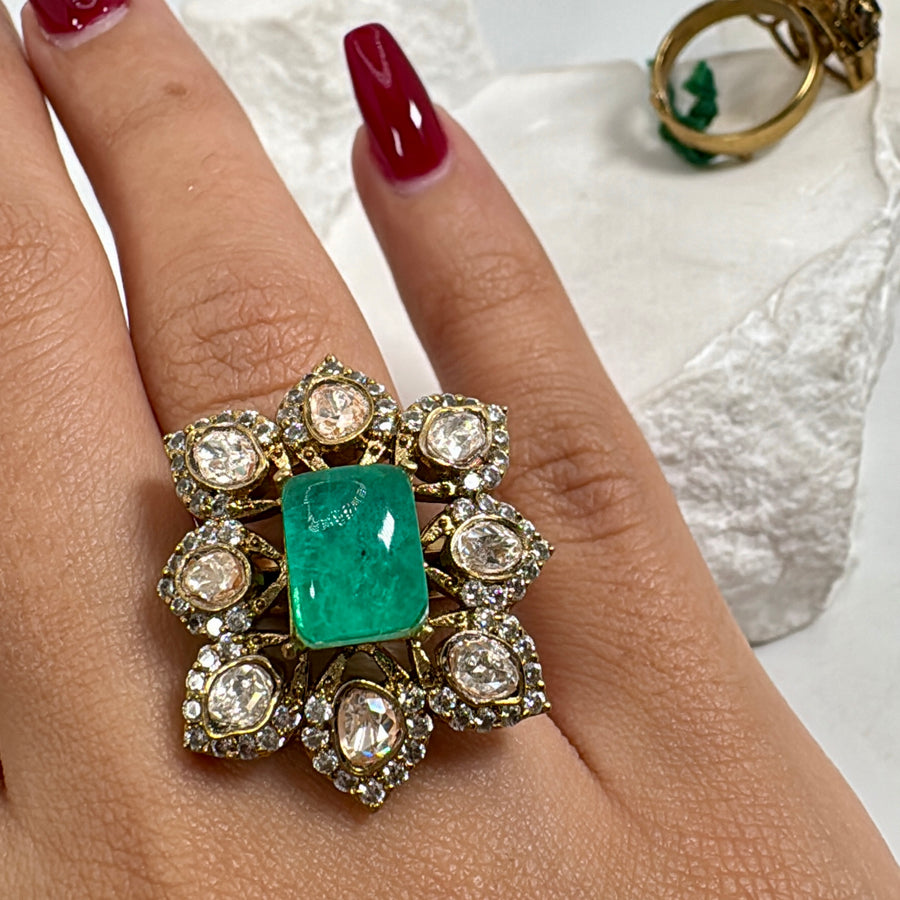 Teal Doublet Moissanite Adjustable Finger Ring