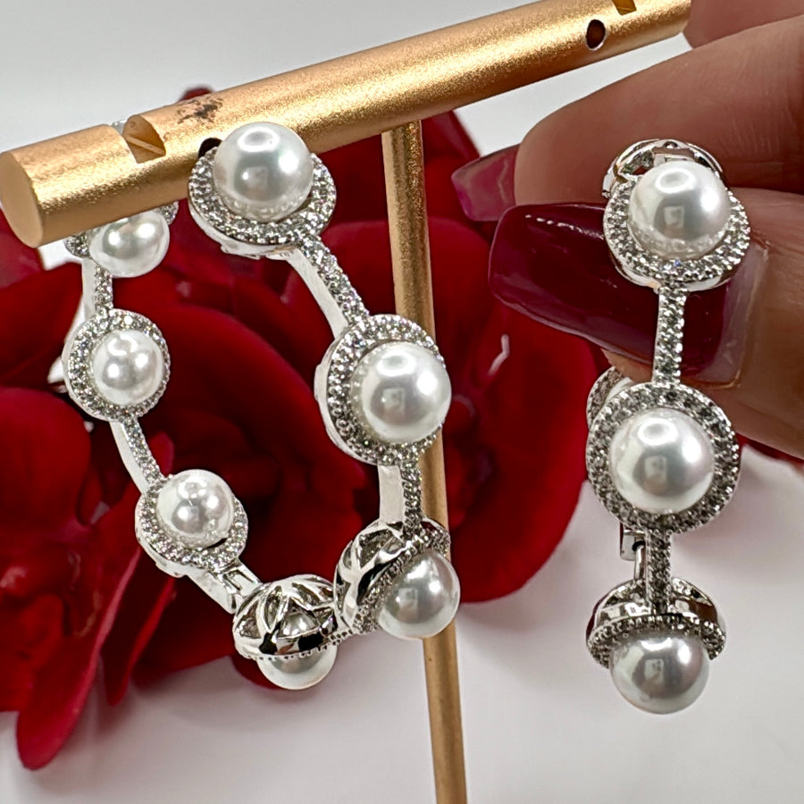 Clear Pearl Italian Cubic Zirconia Hoop Earrings