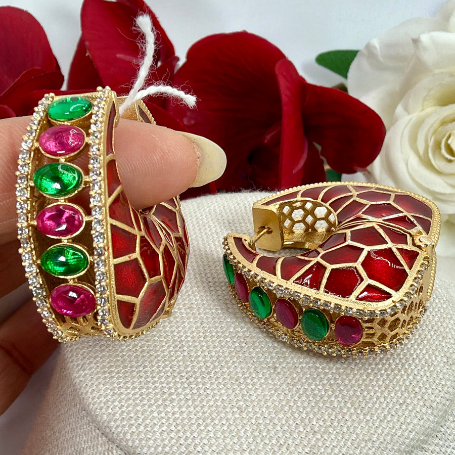 Red Green Jadau Hoop Earrings