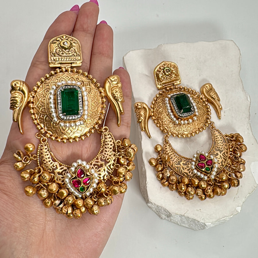 Green Silver Lookalike Gold Statement Earrings With Multi Paachi Motifs