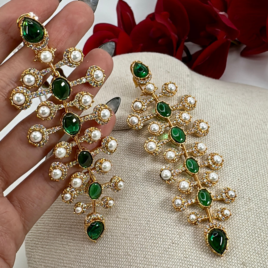 Green Doublet & Pearl Lightweight Statement Earrings (Approx. Length 4 Inches)